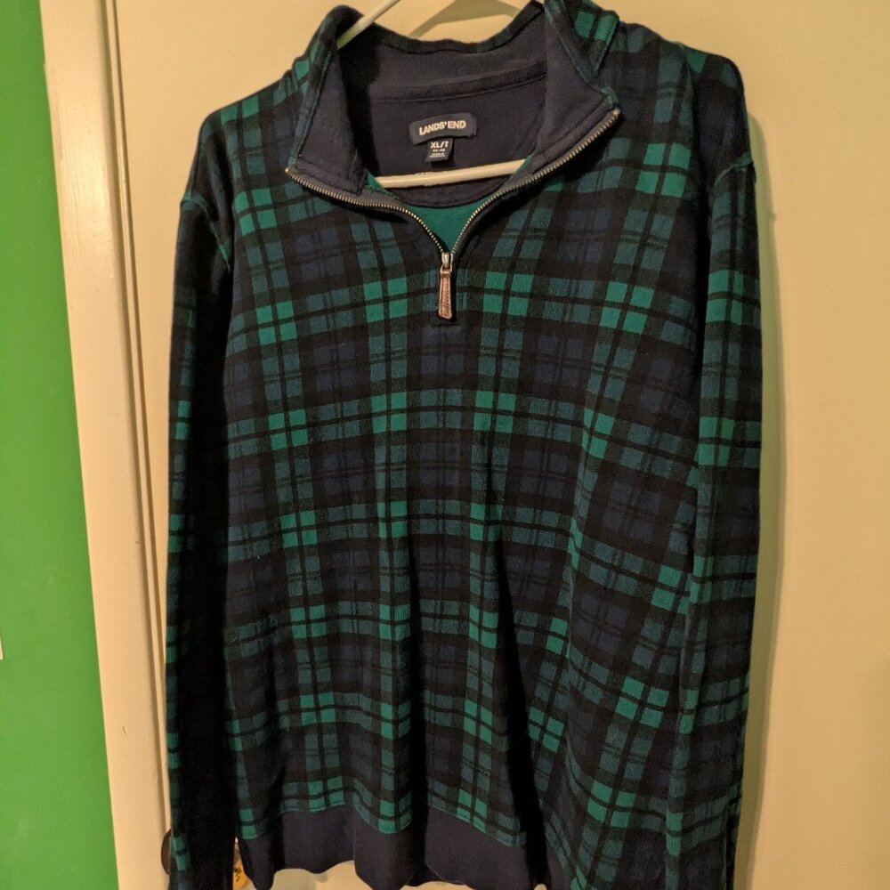 Lands End men's quarter zip - blue and green plaid - size XLT